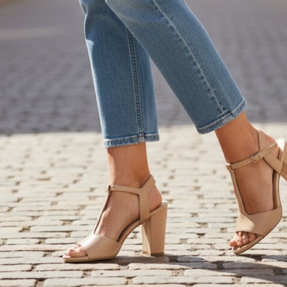 Anne Klein Tan Heels with Ankle Strap and Block Heel worn twice